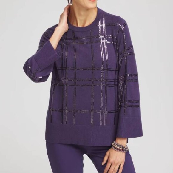 Chicos Chico's Sequin Plaid Long Sleeve Sweater Size 3 NWT US XL - Picture 1 of 13
